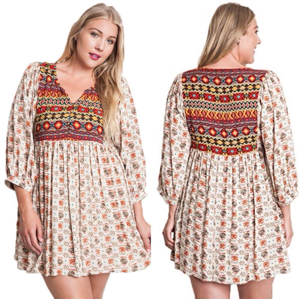 Umgee Babydoll Dress S Womens Boho Aztec Western Festival Eclectic Peasant Folk